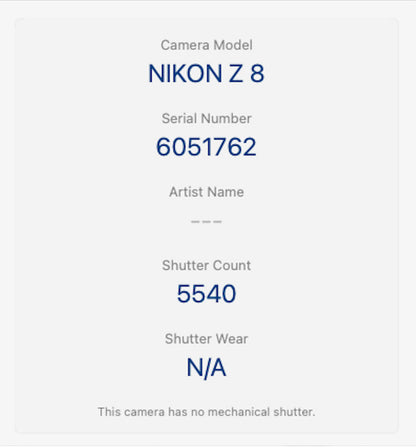 Nikon Z8 Mirrorless Camera 45.7MP Body Only, Shutter Count 5540 V.G. REFURBISHED
